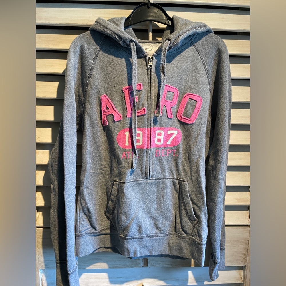Aéropostale AERO 1987 Athletic Dept Gray Pink Full Zip Hoodie